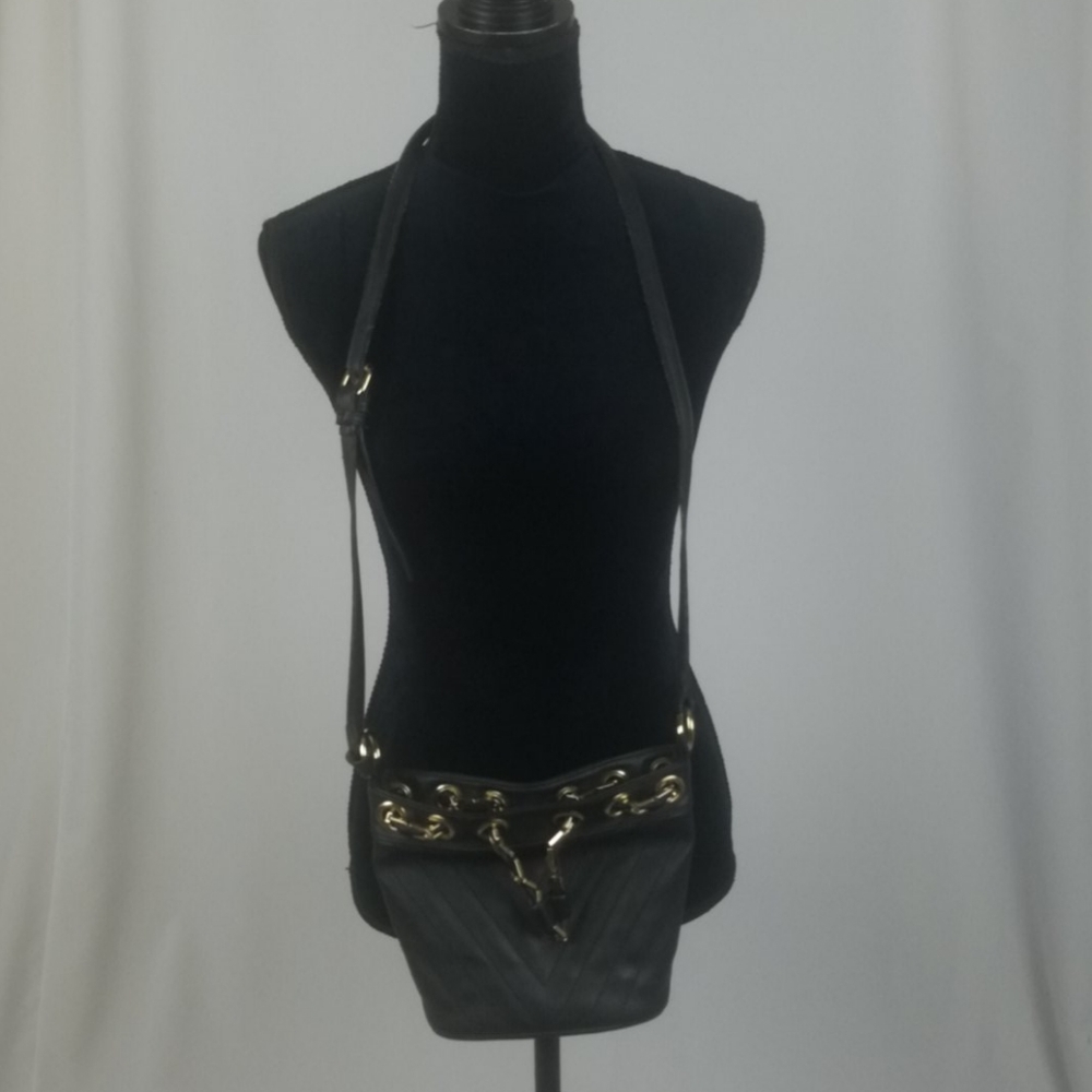 Free People black leather quilted cross body handbag‎ chain gothic steampunk